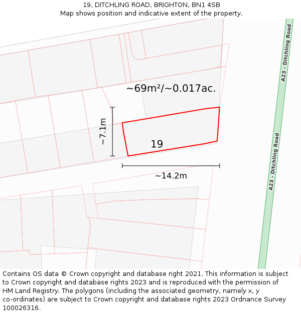 19, DITCHLING ROAD, BRIGHTON, BN1 4SB: Plot and title map