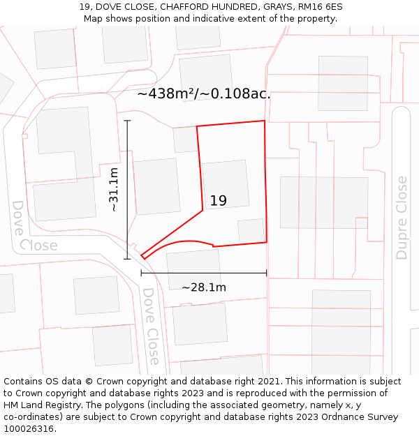 19, DOVE CLOSE, CHAFFORD HUNDRED, GRAYS, RM16 6ES: Plot and title map
