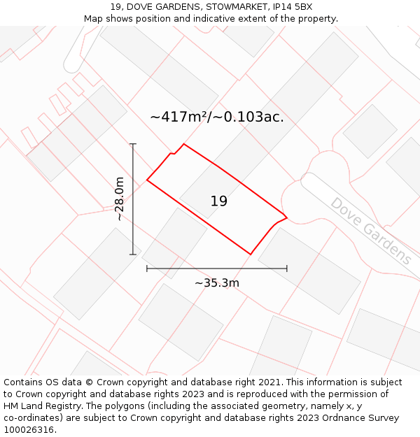 19, DOVE GARDENS, STOWMARKET, IP14 5BX: Plot and title map