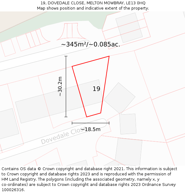 19, DOVEDALE CLOSE, MELTON MOWBRAY, LE13 0HQ: Plot and title map