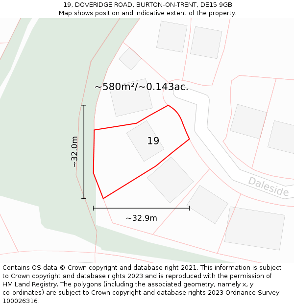 19, DOVERIDGE ROAD, BURTON-ON-TRENT, DE15 9GB: Plot and title map