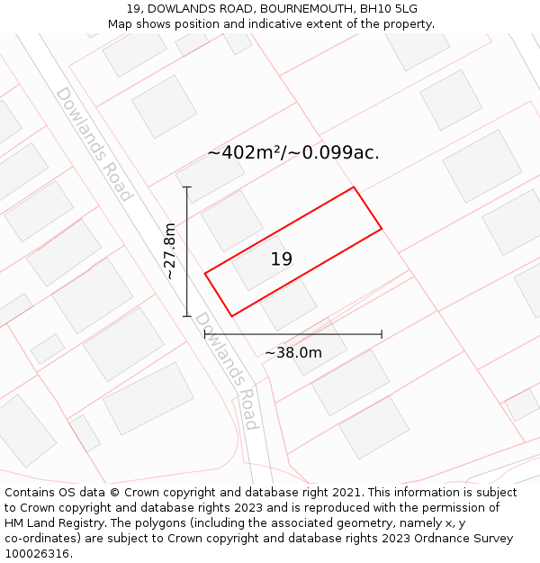 19, DOWLANDS ROAD, BOURNEMOUTH, BH10 5LG: Plot and title map