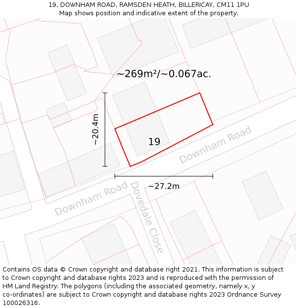 19, DOWNHAM ROAD, RAMSDEN HEATH, BILLERICAY, CM11 1PU: Plot and title map