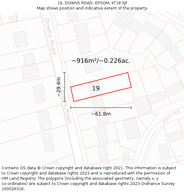 19, DOWNS ROAD, EPSOM, KT18 5JF: Plot and title map