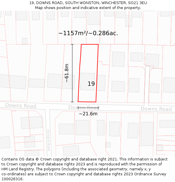 19, DOWNS ROAD, SOUTH WONSTON, WINCHESTER, SO21 3EU: Plot and title map