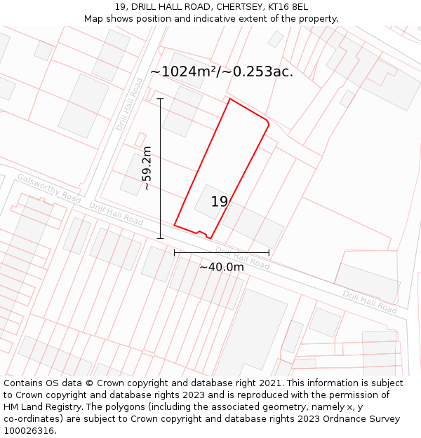 19, DRILL HALL ROAD, CHERTSEY, KT16 8EL: Plot and title map