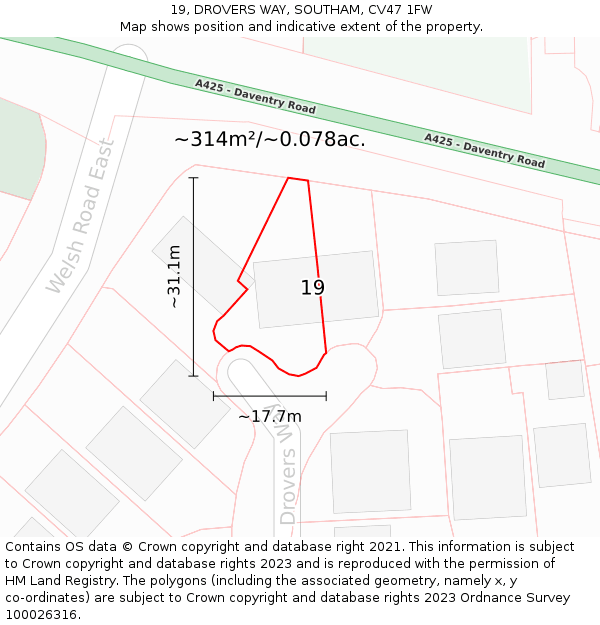 19, DROVERS WAY, SOUTHAM, CV47 1FW: Plot and title map