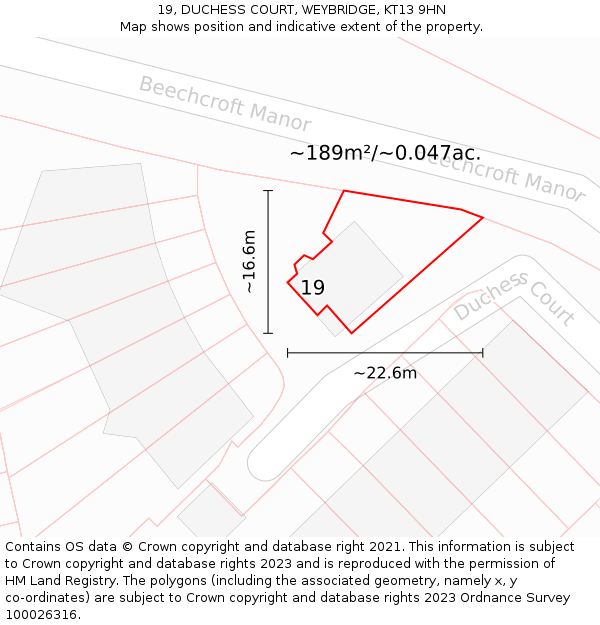 19, DUCHESS COURT, WEYBRIDGE, KT13 9HN: Plot and title map