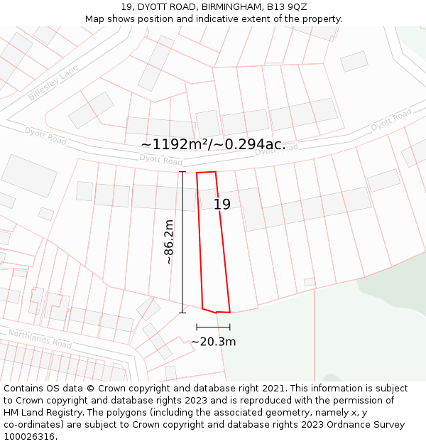 19, DYOTT ROAD, BIRMINGHAM, B13 9QZ: Plot and title map