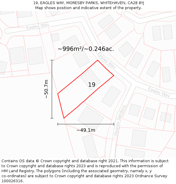 19, EAGLES WAY, MORESBY PARKS, WHITEHAVEN, CA28 8YJ: Plot and title map