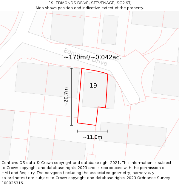 19, EDMONDS DRIVE, STEVENAGE, SG2 9TJ: Plot and title map