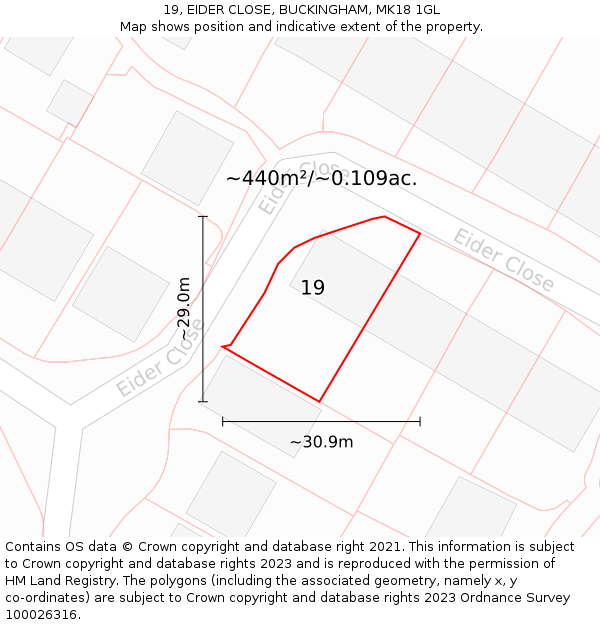 19, EIDER CLOSE, BUCKINGHAM, MK18 1GL: Plot and title map