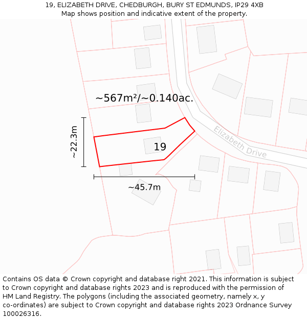 19, ELIZABETH DRIVE, CHEDBURGH, BURY ST EDMUNDS, IP29 4XB: Plot and title map