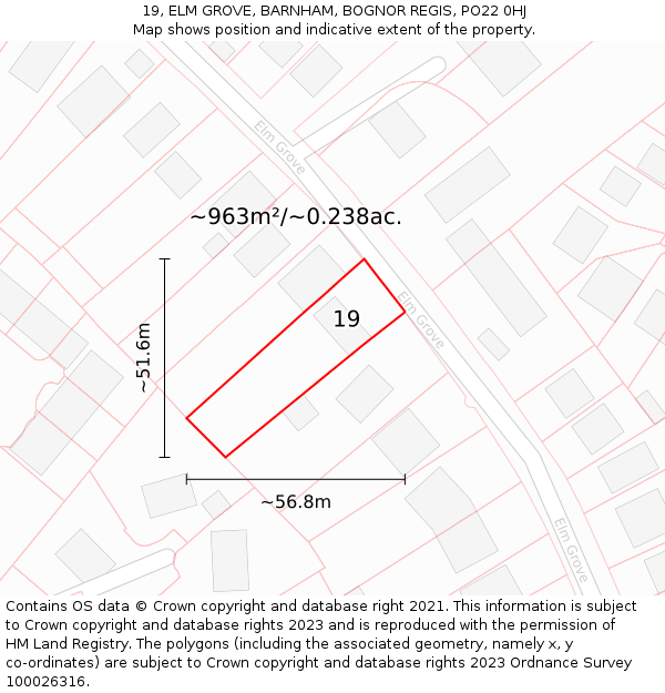 19, ELM GROVE, BARNHAM, BOGNOR REGIS, PO22 0HJ: Plot and title map