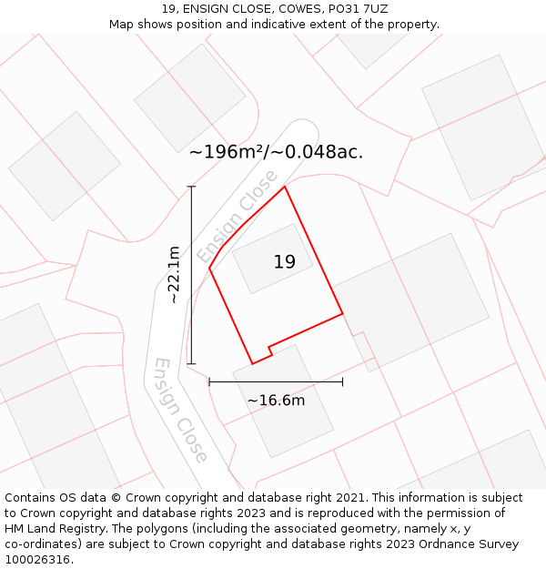 19, ENSIGN CLOSE, COWES, PO31 7UZ: Plot and title map