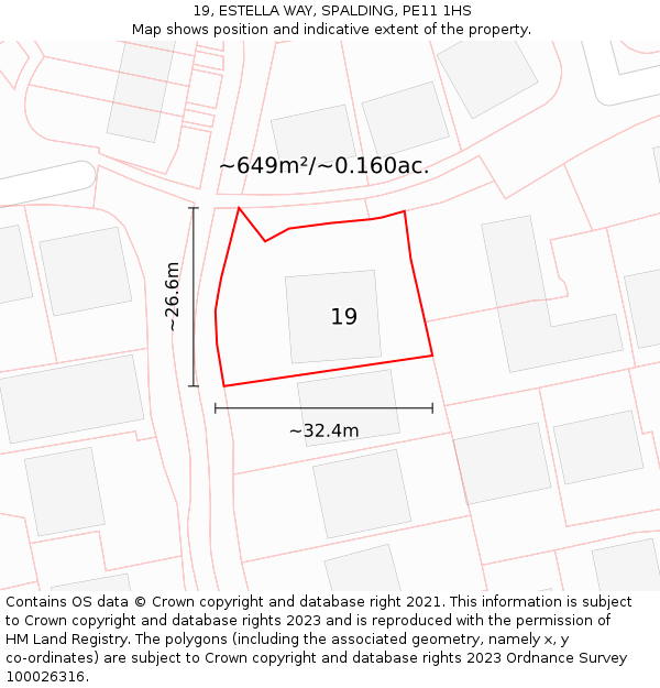 19, ESTELLA WAY, SPALDING, PE11 1HS: Plot and title map