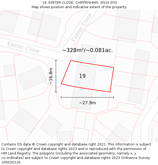 19, EXETER CLOSE, CHIPPENHAM, SN14 0YG: Plot and title map