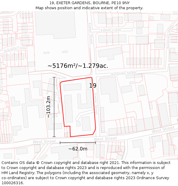 19, EXETER GARDENS, BOURNE, PE10 9NY: Plot and title map