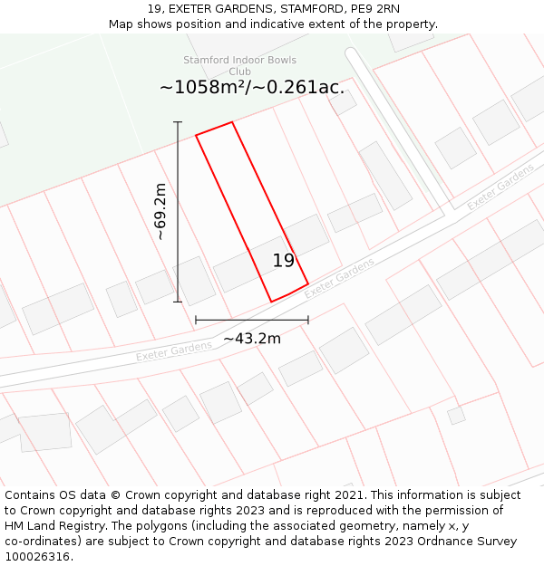 19, EXETER GARDENS, STAMFORD, PE9 2RN: Plot and title map