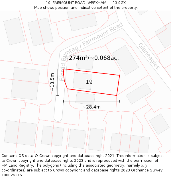 19, FAIRMOUNT ROAD, WREXHAM, LL13 9GX: Plot and title map