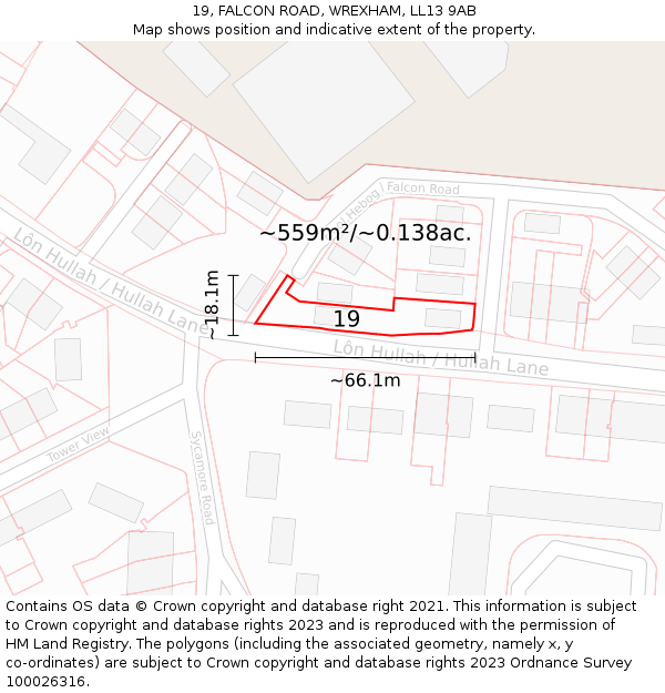 19, FALCON ROAD, WREXHAM, LL13 9AB: Plot and title map