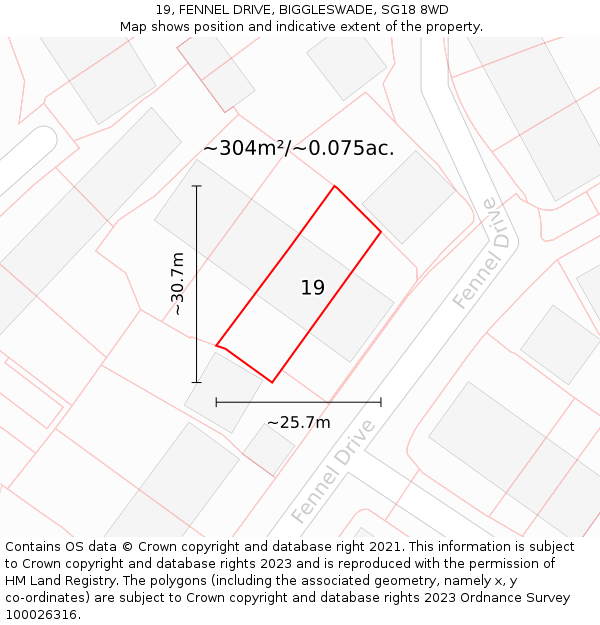 19, FENNEL DRIVE, BIGGLESWADE, SG18 8WD: Plot and title map