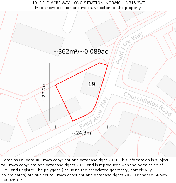 19, FIELD ACRE WAY, LONG STRATTON, NORWICH, NR15 2WE: Plot and title map