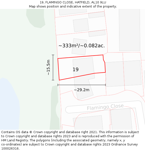 19, FLAMINGO CLOSE, HATFIELD, AL10 9LU: Plot and title map