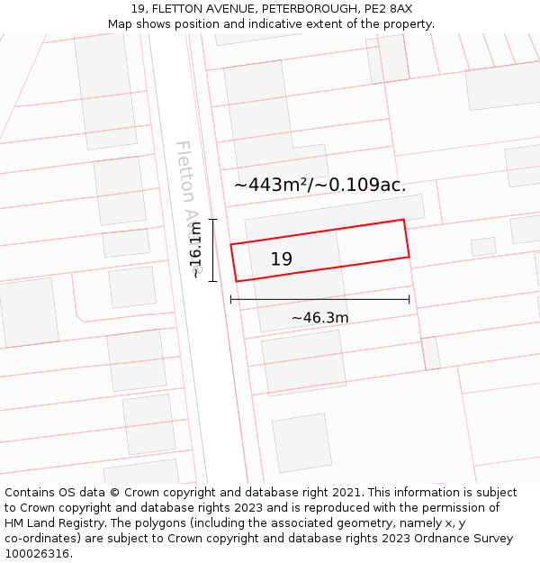 19, FLETTON AVENUE, PETERBOROUGH, PE2 8AX: Plot and title map