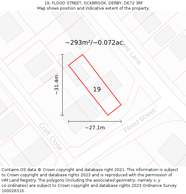 19, FLOOD STREET, OCKBROOK, DERBY, DE72 3RF: Plot and title map