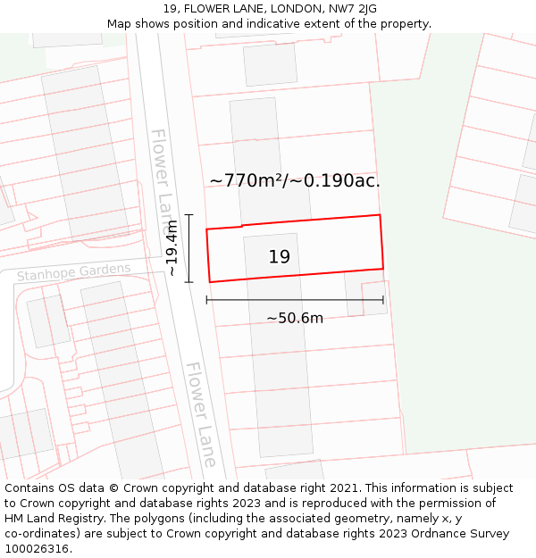 19, FLOWER LANE, LONDON, NW7 2JG: Plot and title map