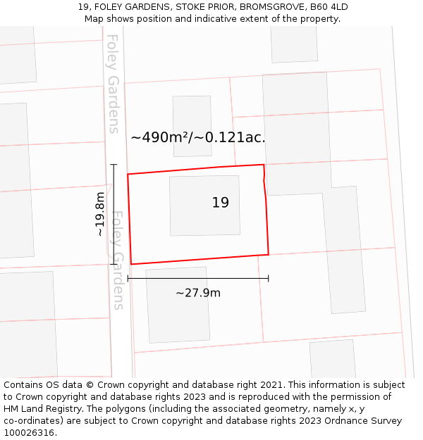 19, FOLEY GARDENS, STOKE PRIOR, BROMSGROVE, B60 4LD: Plot and title map