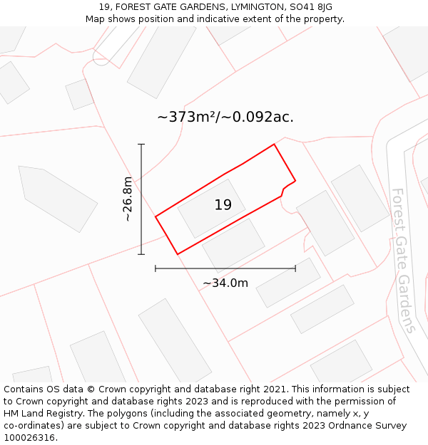 19, FOREST GATE GARDENS, LYMINGTON, SO41 8JG: Plot and title map