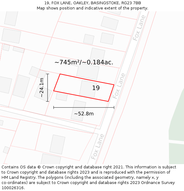 19, FOX LANE, OAKLEY, BASINGSTOKE, RG23 7BB: Plot and title map