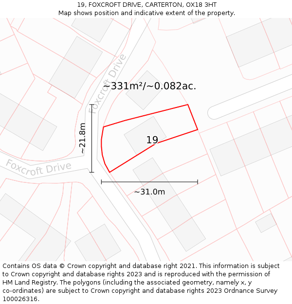 19, FOXCROFT DRIVE, CARTERTON, OX18 3HT: Plot and title map