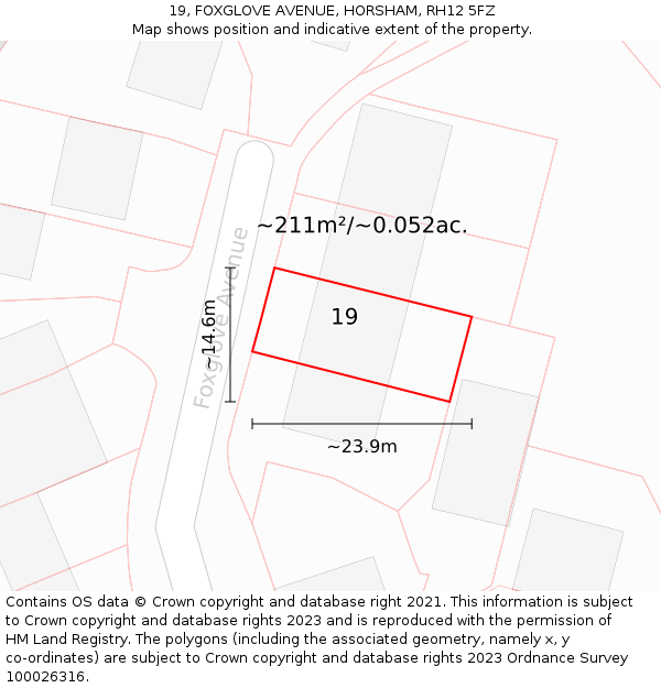 19, FOXGLOVE AVENUE, HORSHAM, RH12 5FZ: Plot and title map