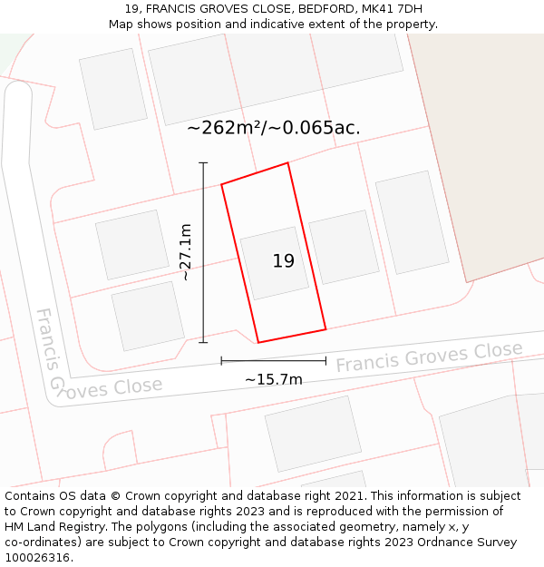 19, FRANCIS GROVES CLOSE, BEDFORD, MK41 7DH: Plot and title map