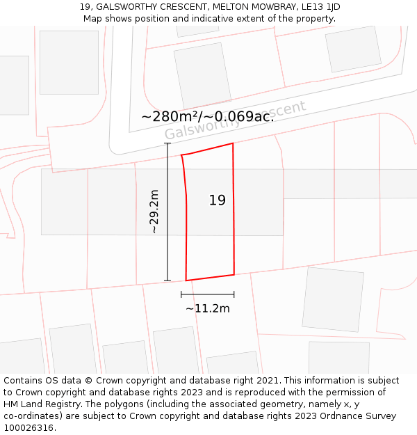 19, GALSWORTHY CRESCENT, MELTON MOWBRAY, LE13 1JD: Plot and title map