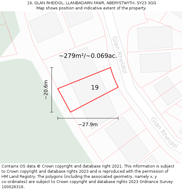 19, GLAN RHEIDOL, LLANBADARN FAWR, ABERYSTWYTH, SY23 3GG: Plot and title map