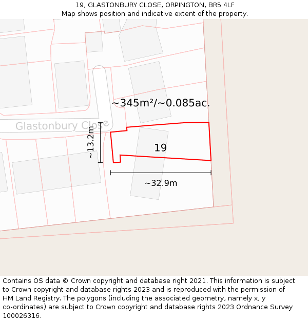 19, GLASTONBURY CLOSE, ORPINGTON, BR5 4LF: Plot and title map