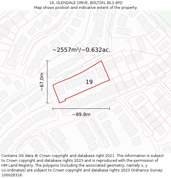19, GLENDALE DRIVE, BOLTON, BL3 4PD: Plot and title map