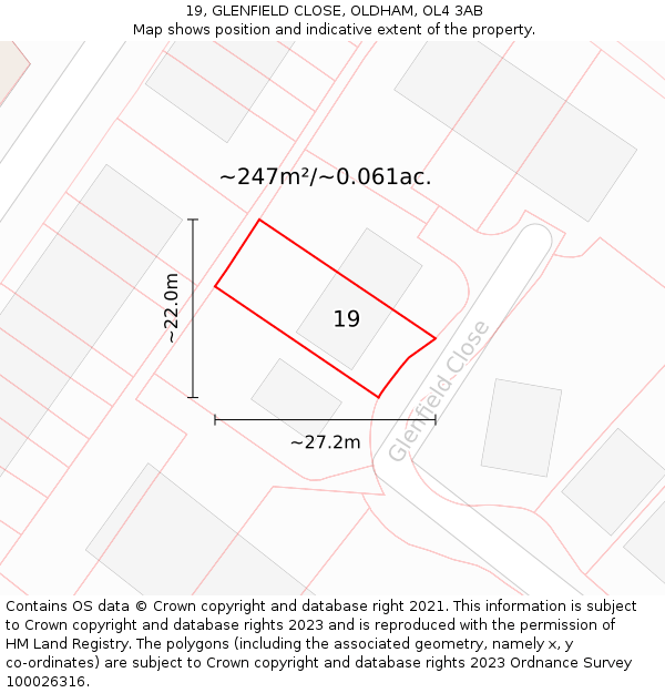 19, GLENFIELD CLOSE, OLDHAM, OL4 3AB: Plot and title map