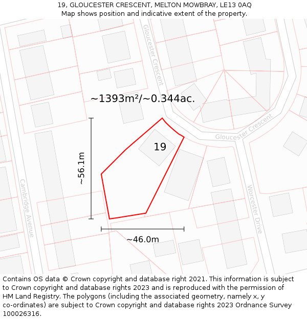 19, GLOUCESTER CRESCENT, MELTON MOWBRAY, LE13 0AQ: Plot and title map