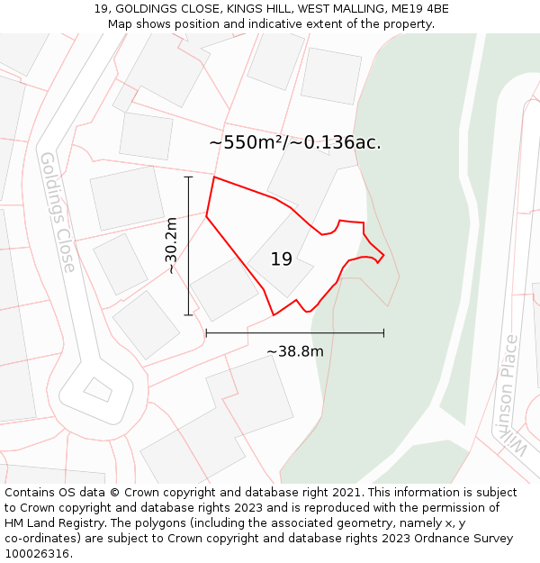 19, GOLDINGS CLOSE, KINGS HILL, WEST MALLING, ME19 4BE: Plot and title map