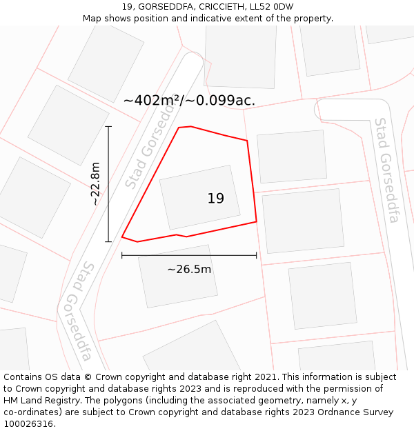 19, GORSEDDFA, CRICCIETH, LL52 0DW: Plot and title map