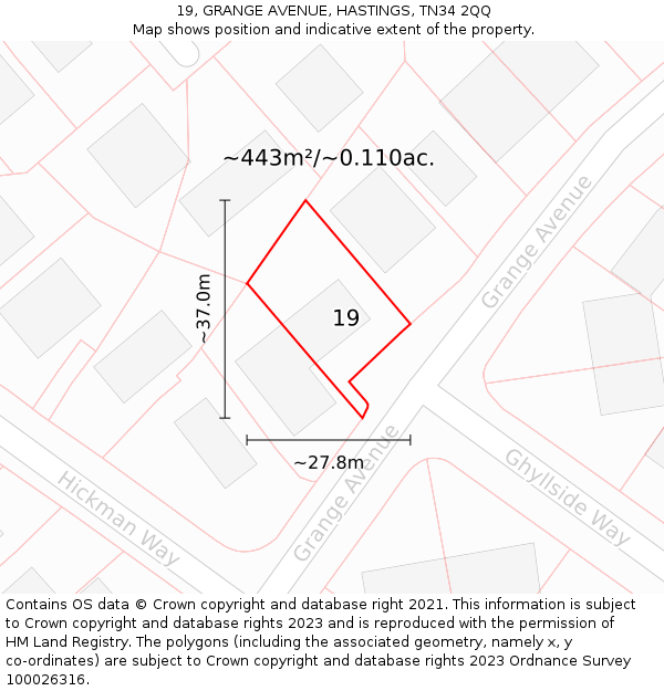 19, GRANGE AVENUE, HASTINGS, TN34 2QQ: Plot and title map