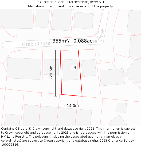 19, GREBE CLOSE, BASINGSTOKE, RG22 5JU: Plot and title map