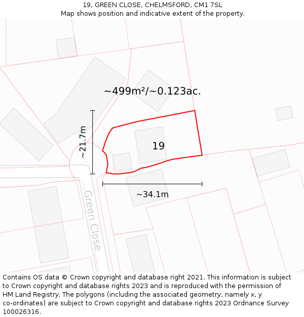 19, GREEN CLOSE, CHELMSFORD, CM1 7SL: Plot and title map