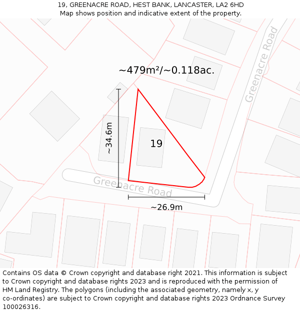 19, GREENACRE ROAD, HEST BANK, LANCASTER, LA2 6HD: Plot and title map