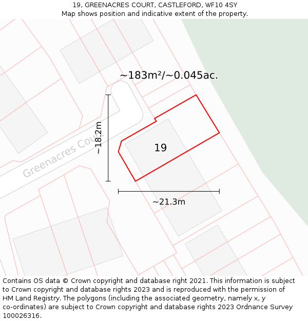 19, GREENACRES COURT, CASTLEFORD, WF10 4SY: Plot and title map